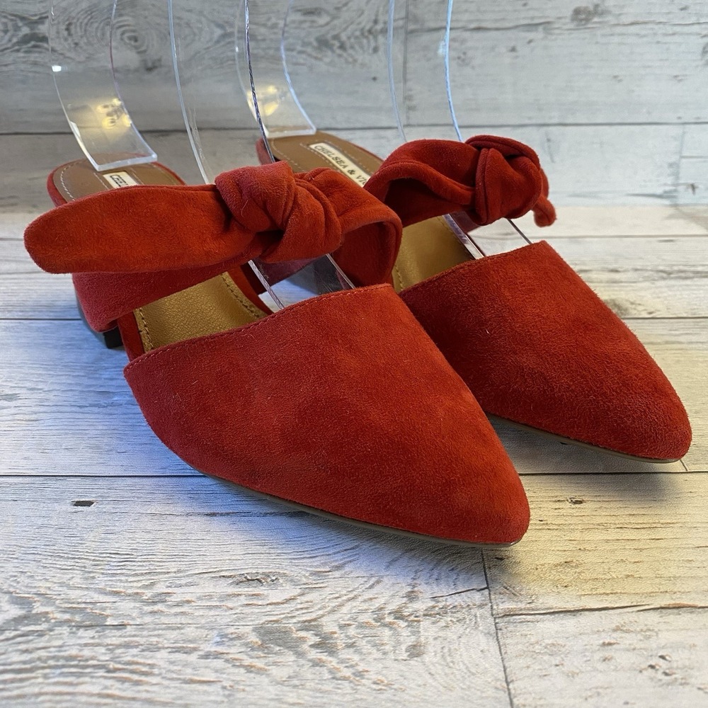 Chelsea & Violet Heels Womens 6‎ M Red Molly Suede Leather Mules Bow Chunky Cute